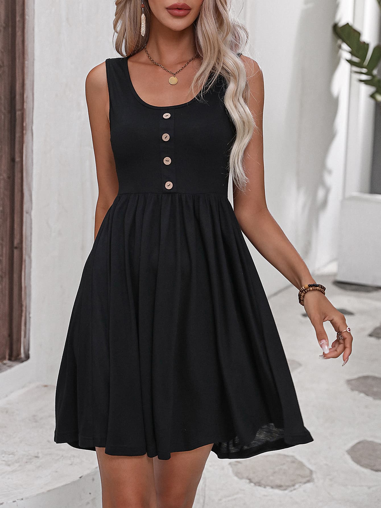 Scoop Neck Buttoned Sleeveless Dress - nailedmoms