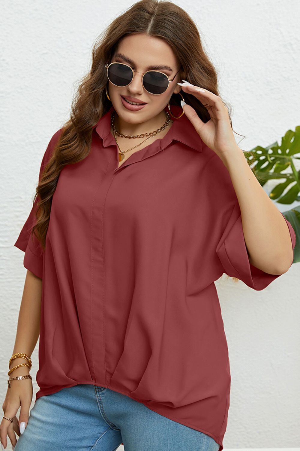 Plus Size Collared Half Sleeve Hem Detail Top - nailedmoms