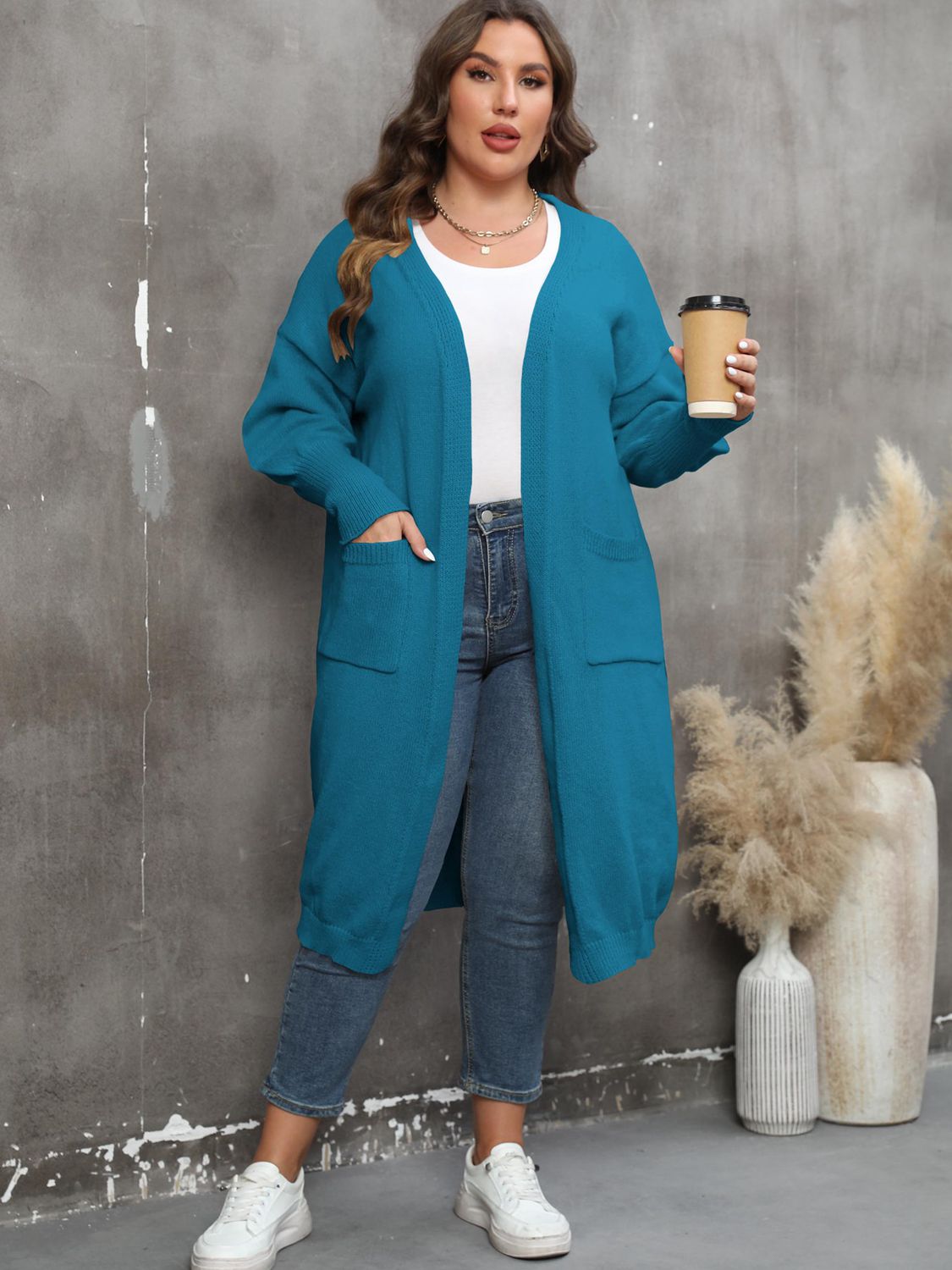 Plus Size Long Sleeve Pocketed Cardigan - nailedmoms