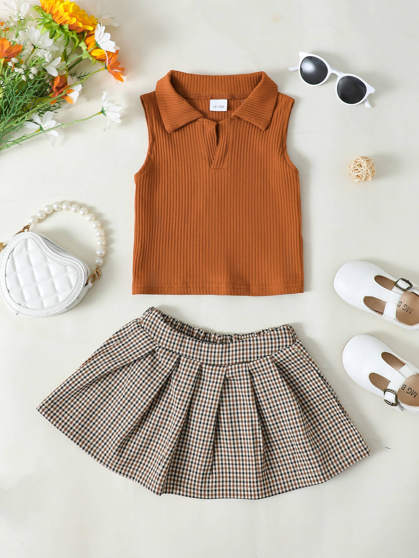 Girls Ribbed Sleeveless Top and Plaid Skirt Set - nailedmoms