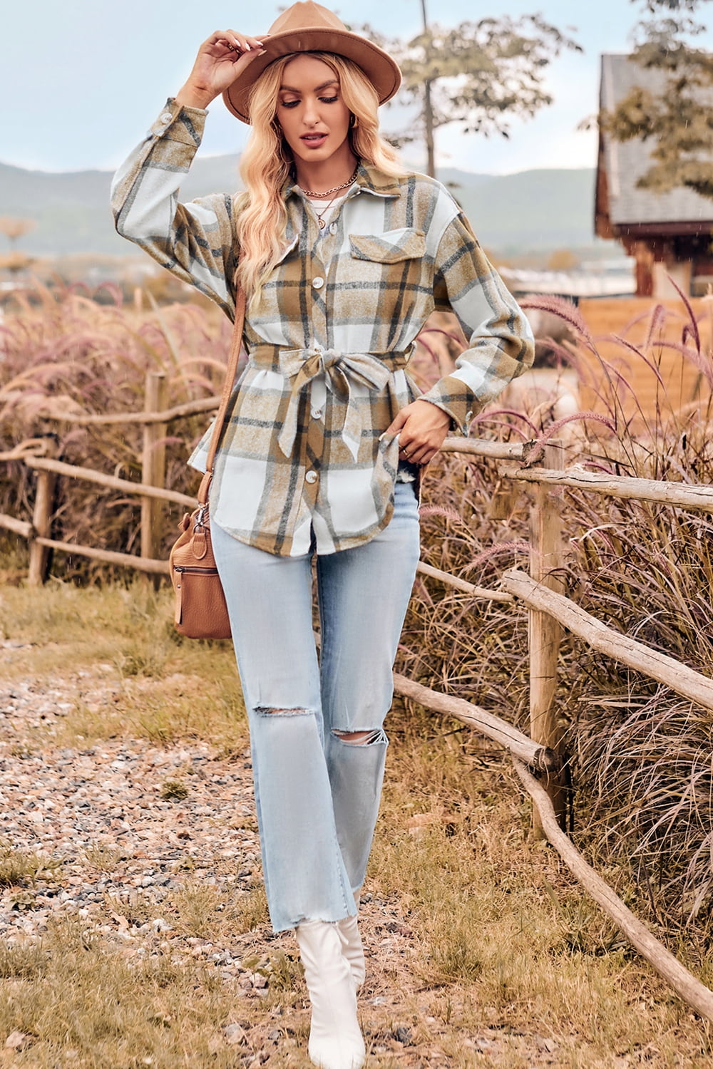 Plaid Collared Neck Bow Front Long Sleeve Jacket - nailedmoms