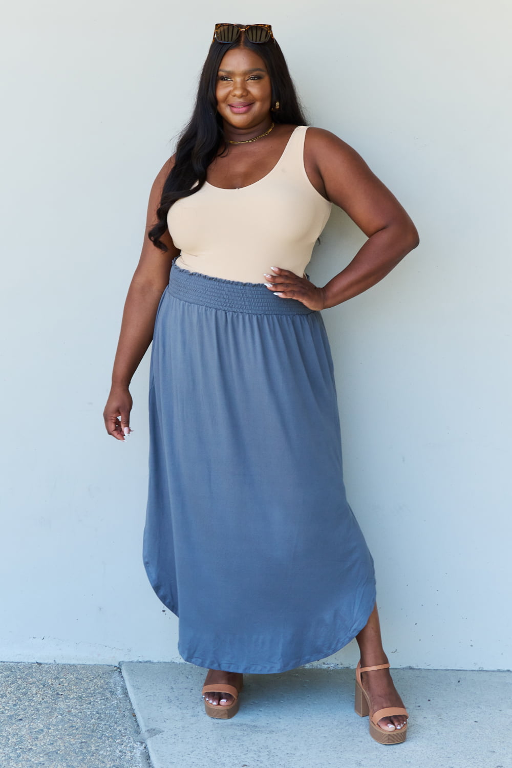 Doublju Comfort Princess Full Size High Waist Scoop Hem Maxi Skirt in Dusty Blue - nailedmoms