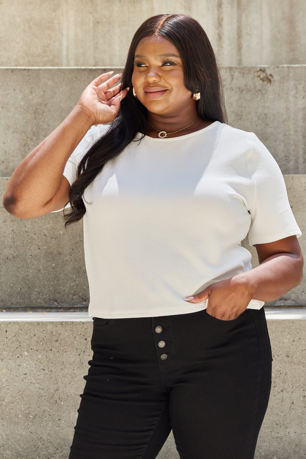 And The Why Pearly White Full Size Criss Cross Pearl Detail Open Back T-Shirt - nailedmoms