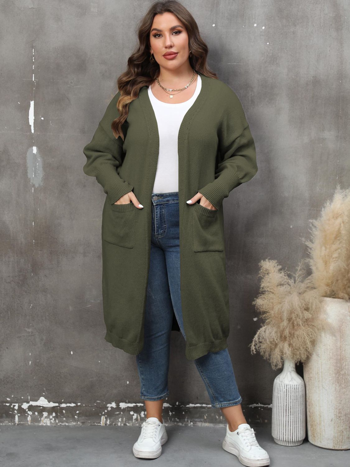 Plus Size Long Sleeve Pocketed Cardigan - nailedmoms