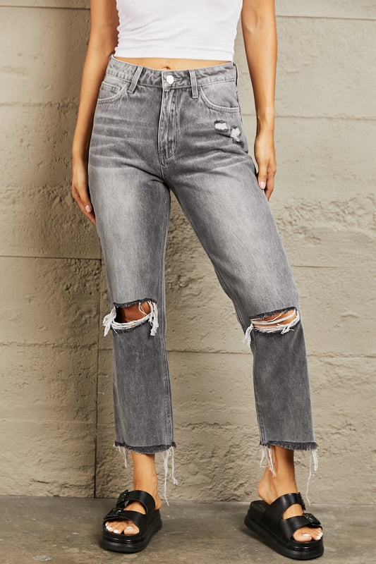 BAYEAS Stone Wash Distressed Cropped Straight Jeans - nailedmoms