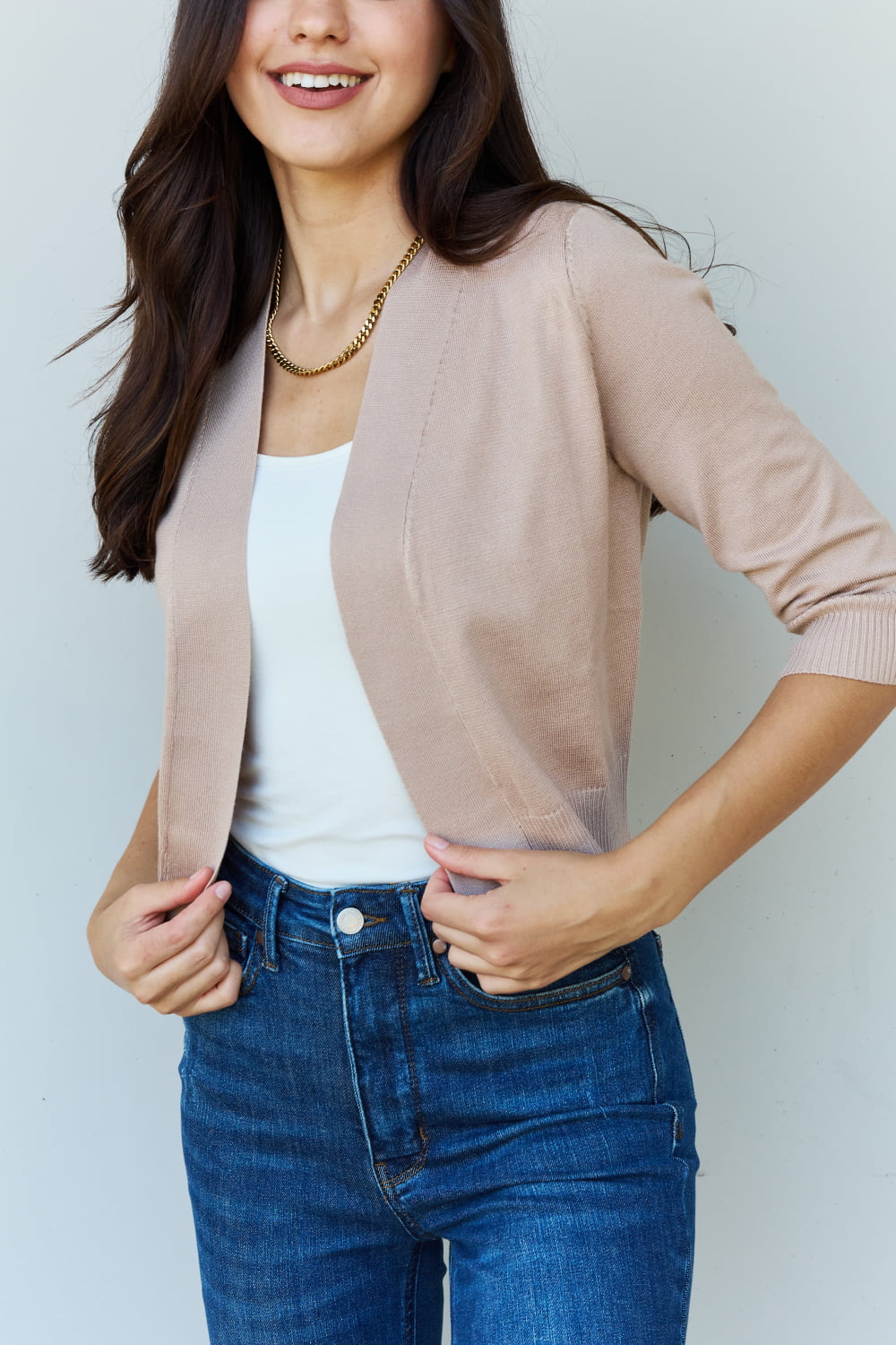 Doublju My Favorite Full Size 3/4 Sleeve Cropped Cardigan in Khaki - nailedmoms