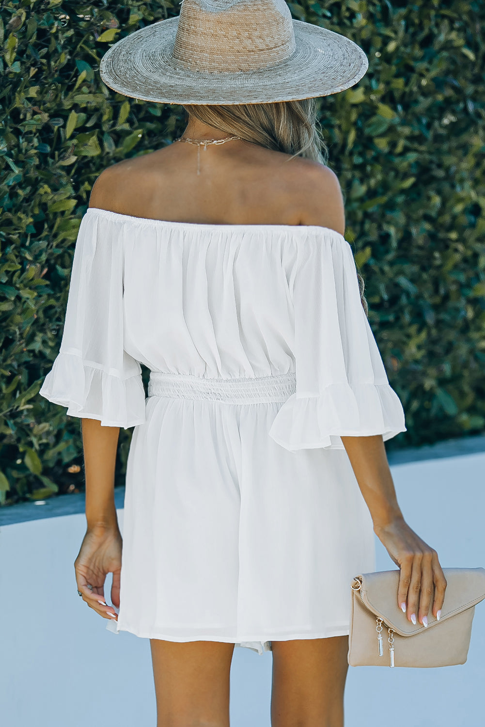 Off-Shoulder Smocked Waist Flounce Sleeve Romper - nailedmoms
