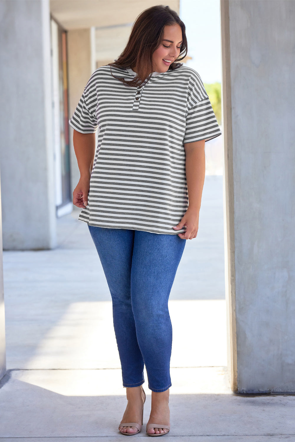 Plus Size Striped Notched Neck Short Sleeve Tee - nailedmoms