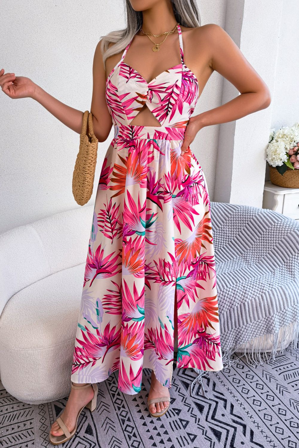 Botanical Print Tied Backless Cutout Slit Dress - nailedmoms