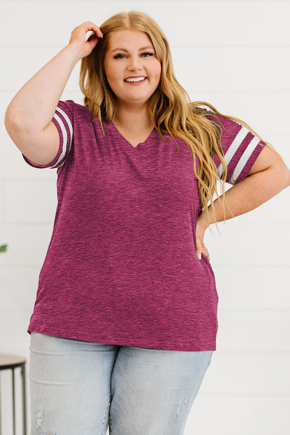 Plus Size Striped V-Neck Tee Shirt - nailedmoms