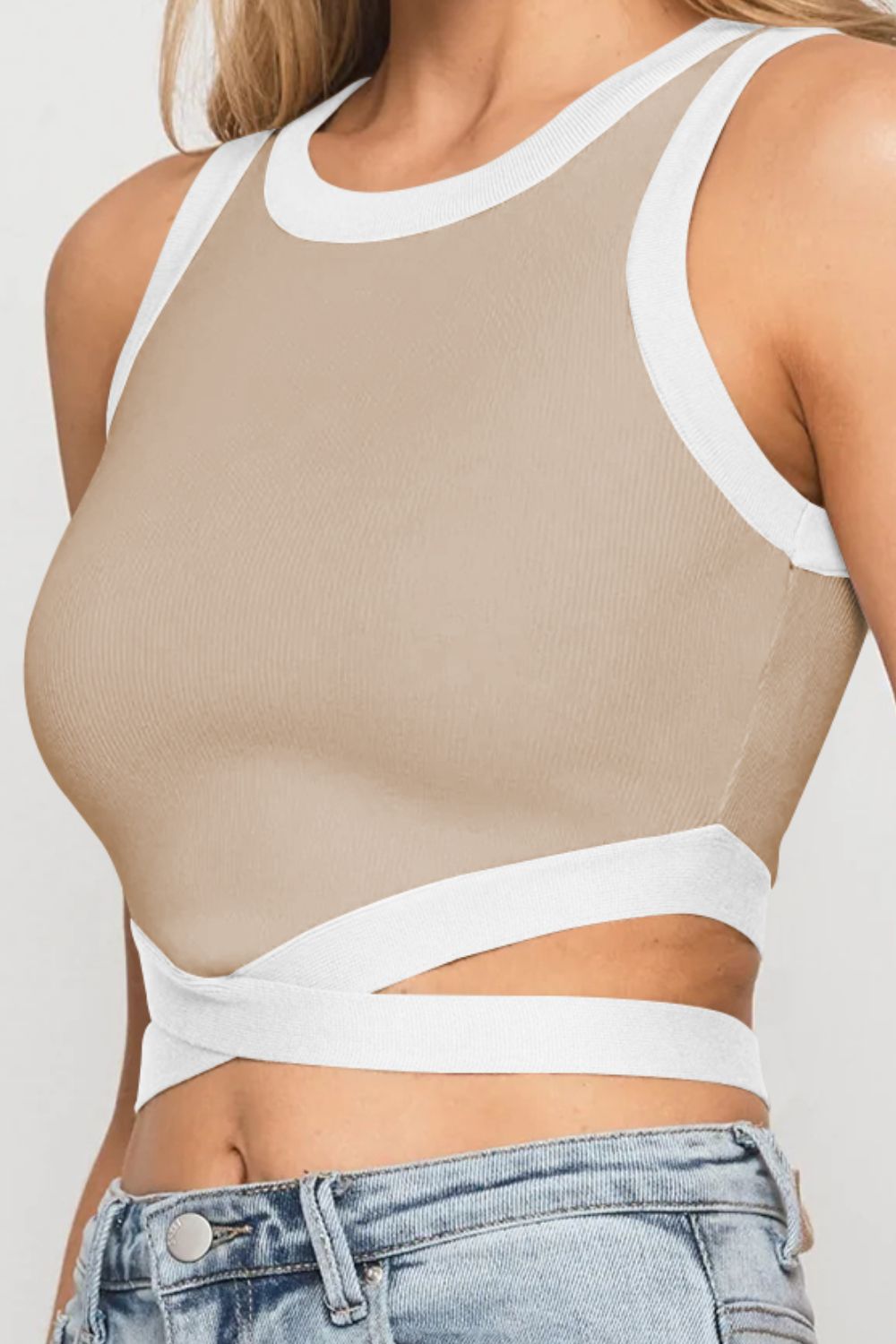 Contrast Tie Back Round Neck Tank - nailedmoms