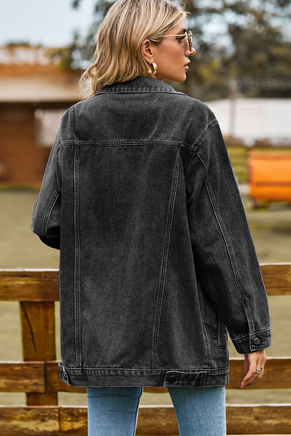 Buttoned Collared Neck Denim Jacket with Pockets - nailedmoms