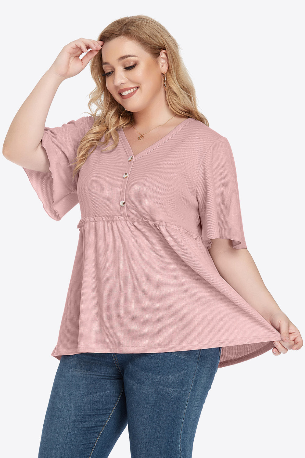 Plus Size Buttoned V-Neck Frill Trim Babydoll Blouse - nailedmoms