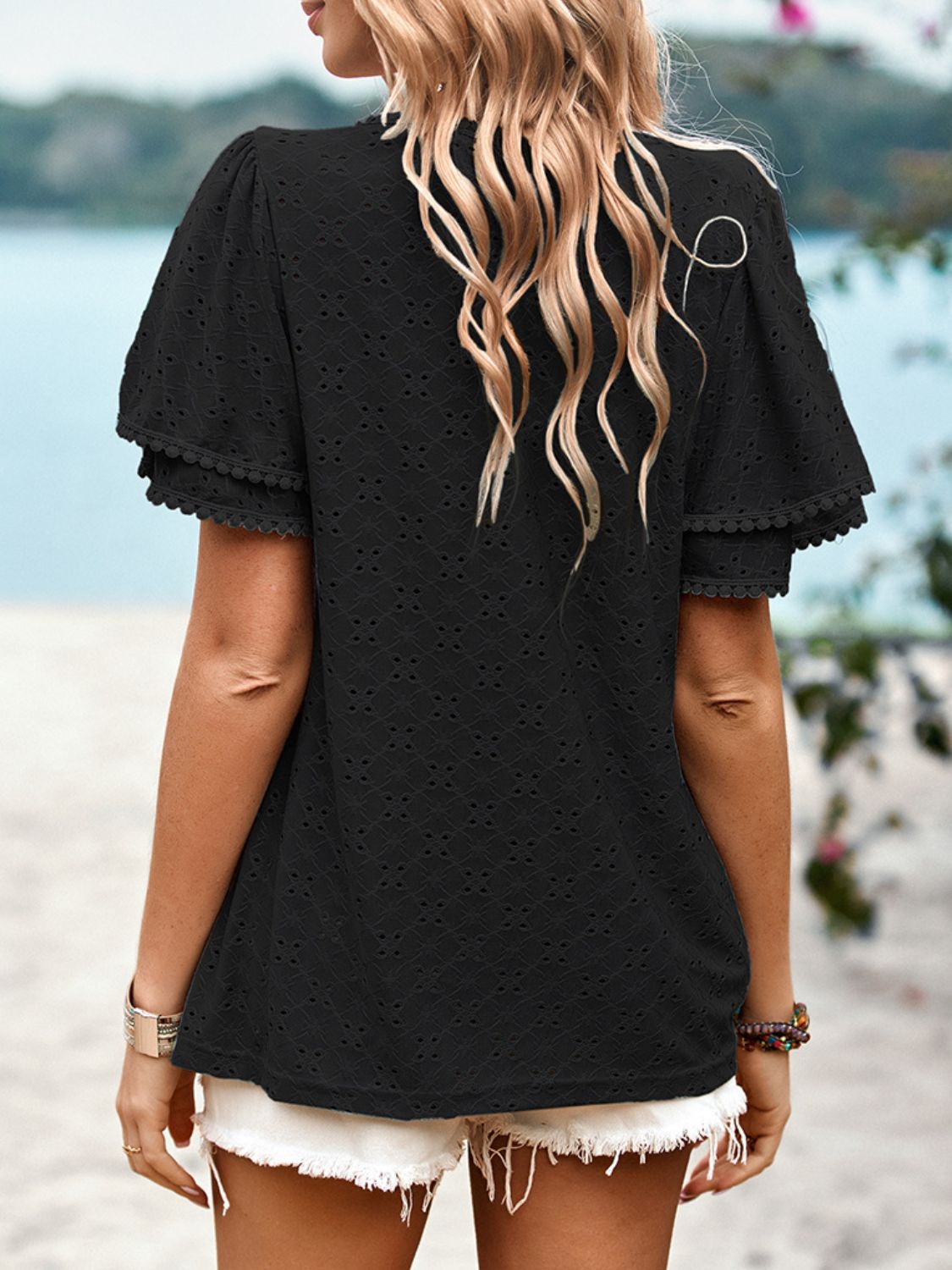 Eyelet Round Neck Puff Sleeve Blouse - nailedmoms