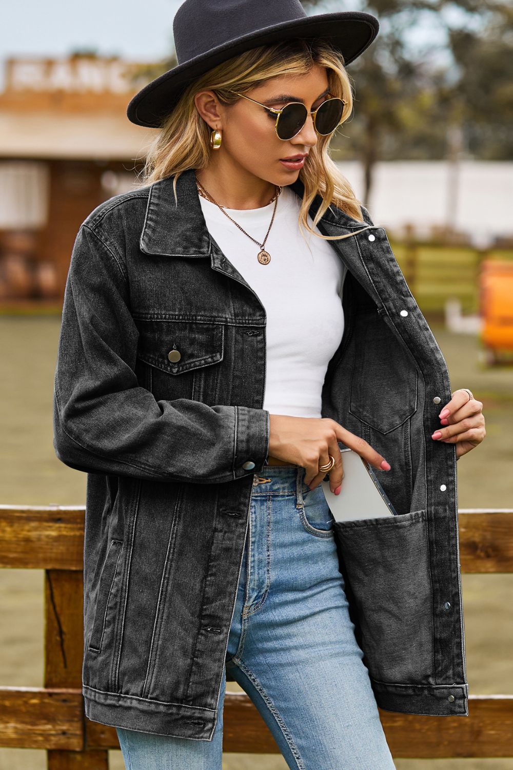 Buttoned Collared Neck Denim Jacket with Pockets - nailedmoms