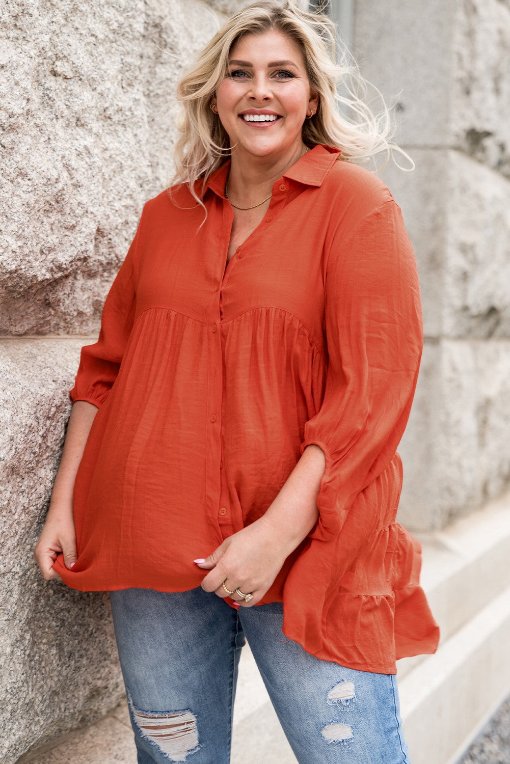 Plus Size Collared Balloon Sleeve Shirt - nailedmoms