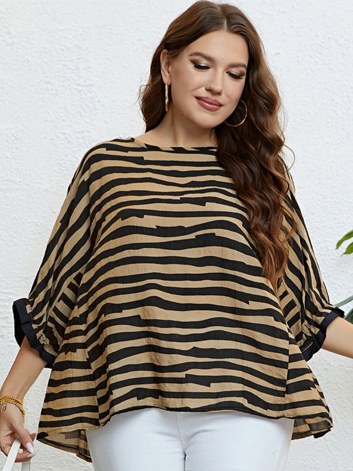 Plus Size Striped Three-Quarter Sleeve Boat Neck Top - nailedmoms