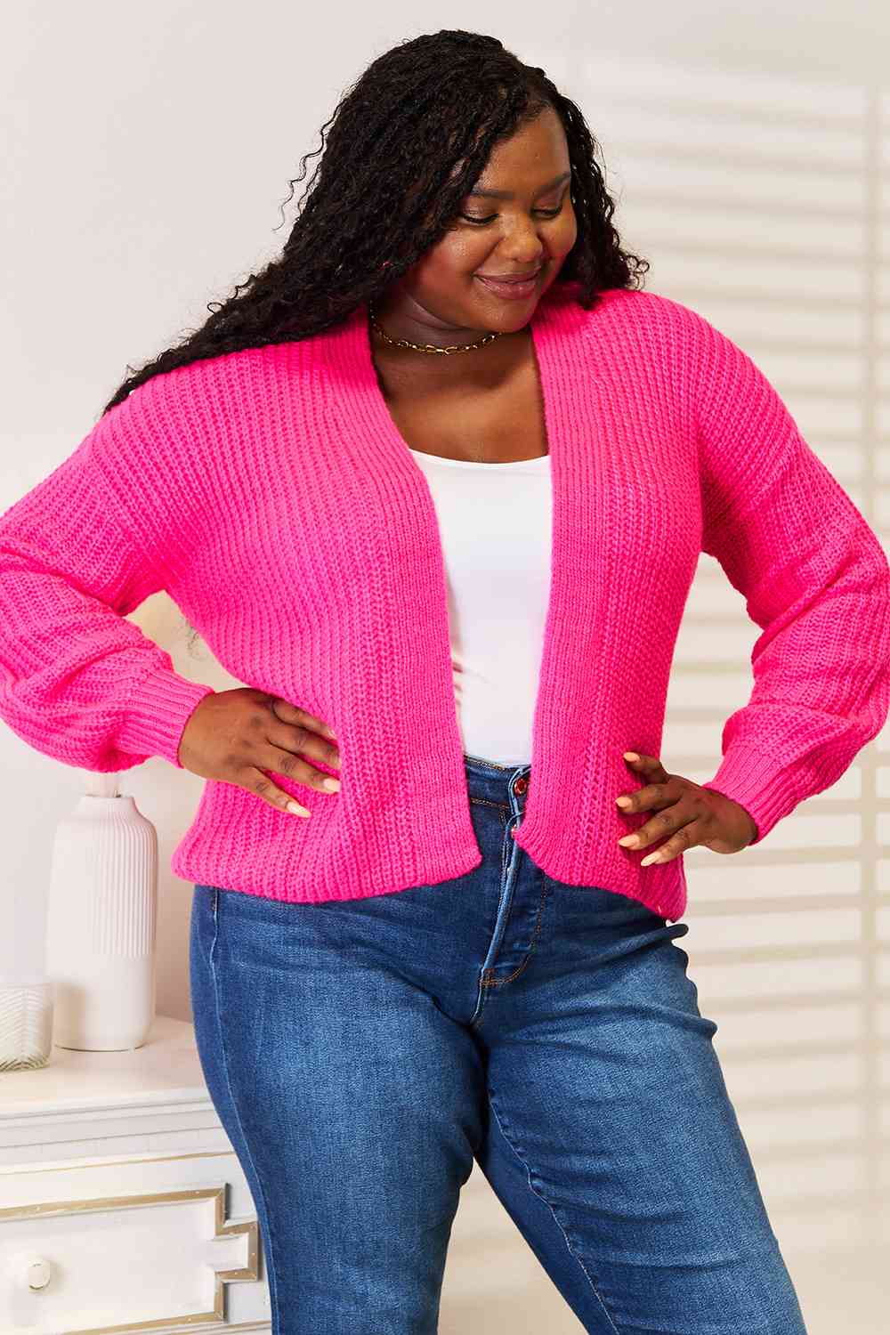 Woven Right Rib-Knit Open Front Drop Shoulder Cardigan - nailedmoms