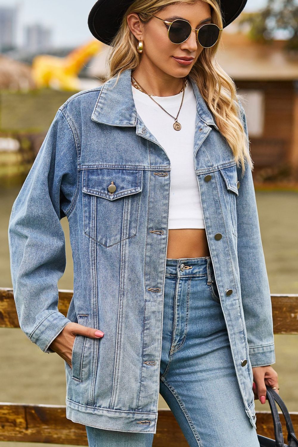 Buttoned Collared Neck Denim Jacket with Pockets - nailedmoms