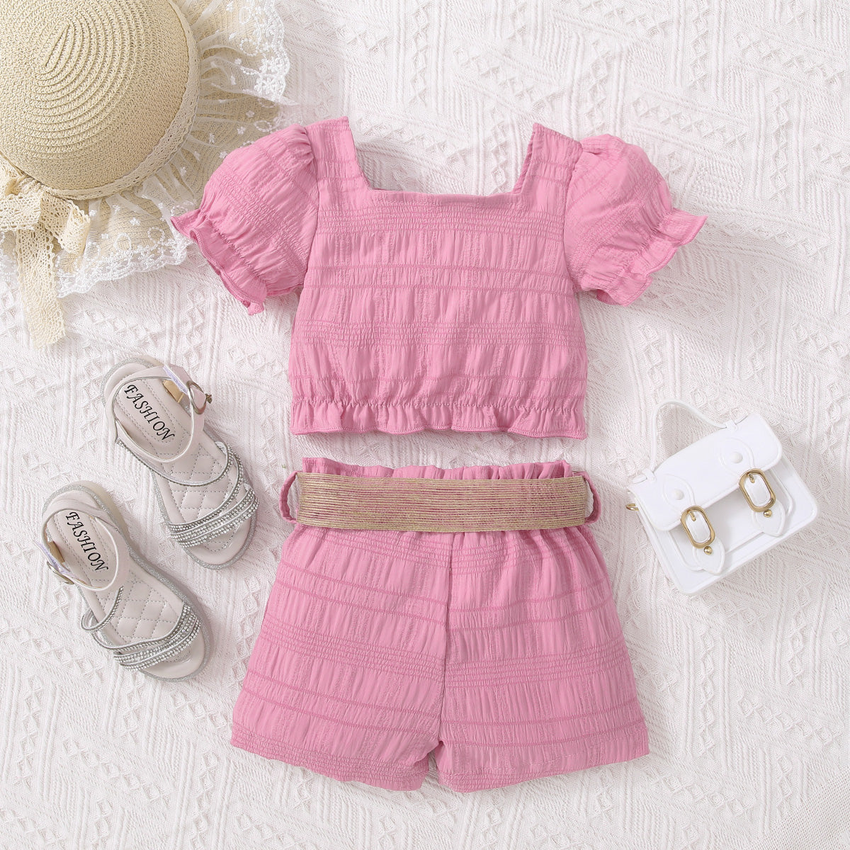 Kids Textured Bow Detail Top and Belted Shorts Set - nailedmoms
