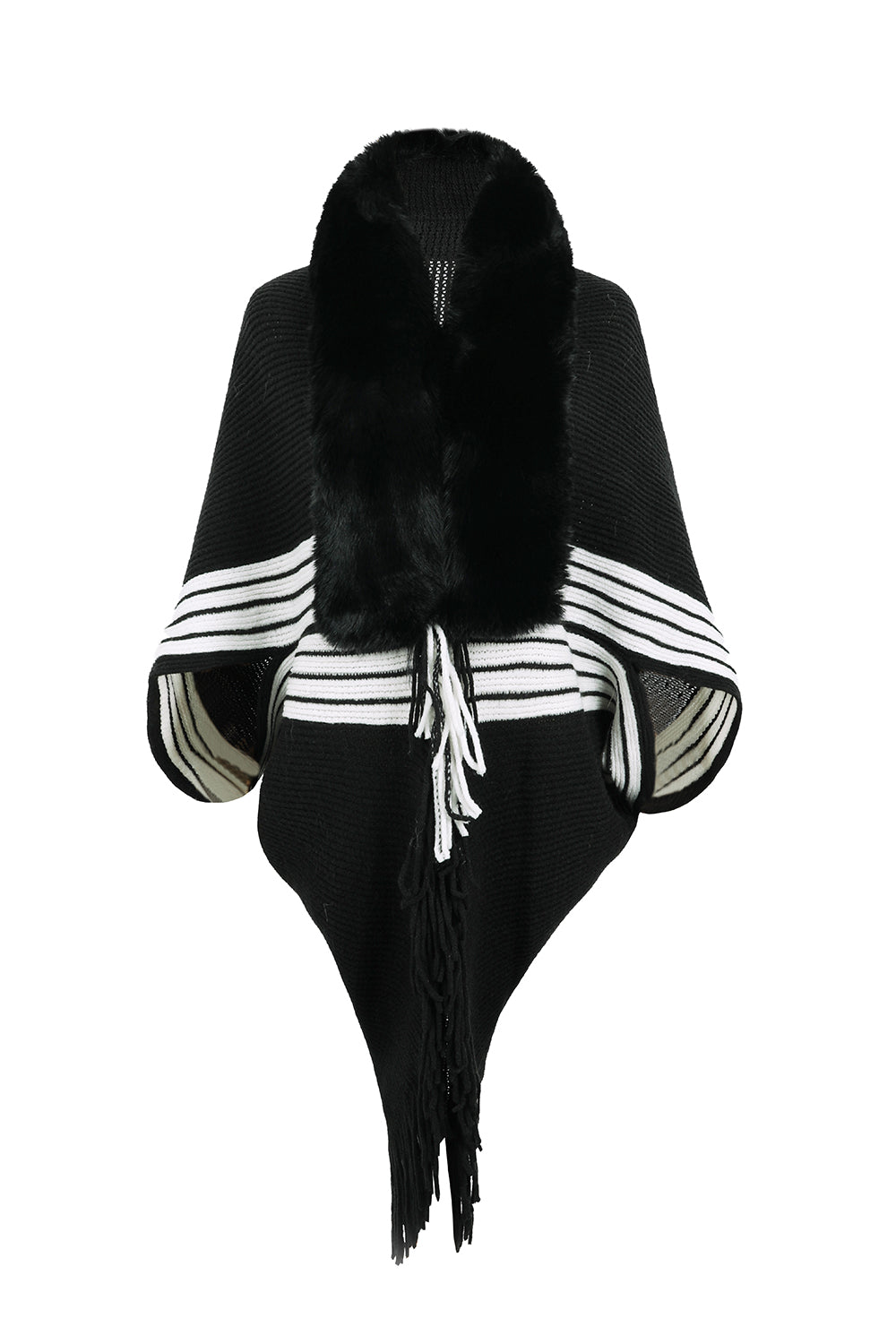 Striped Fringe Detail Long Sleeve Poncho - nailedmoms