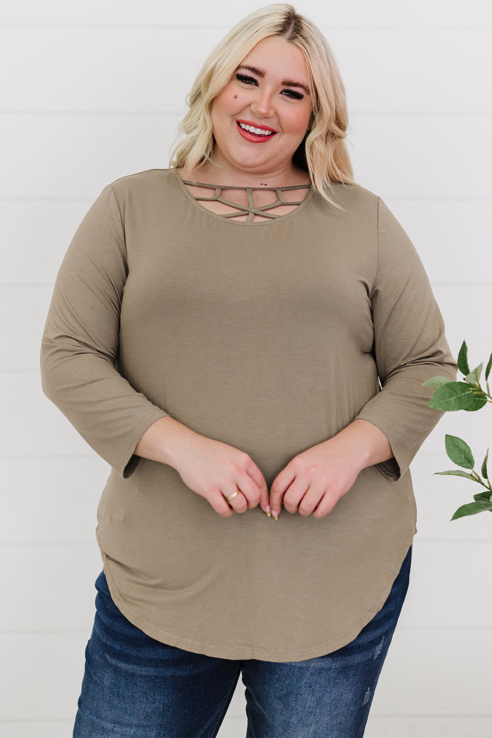 Plus Size Curved Hem Neck Detail Tee - nailedmoms