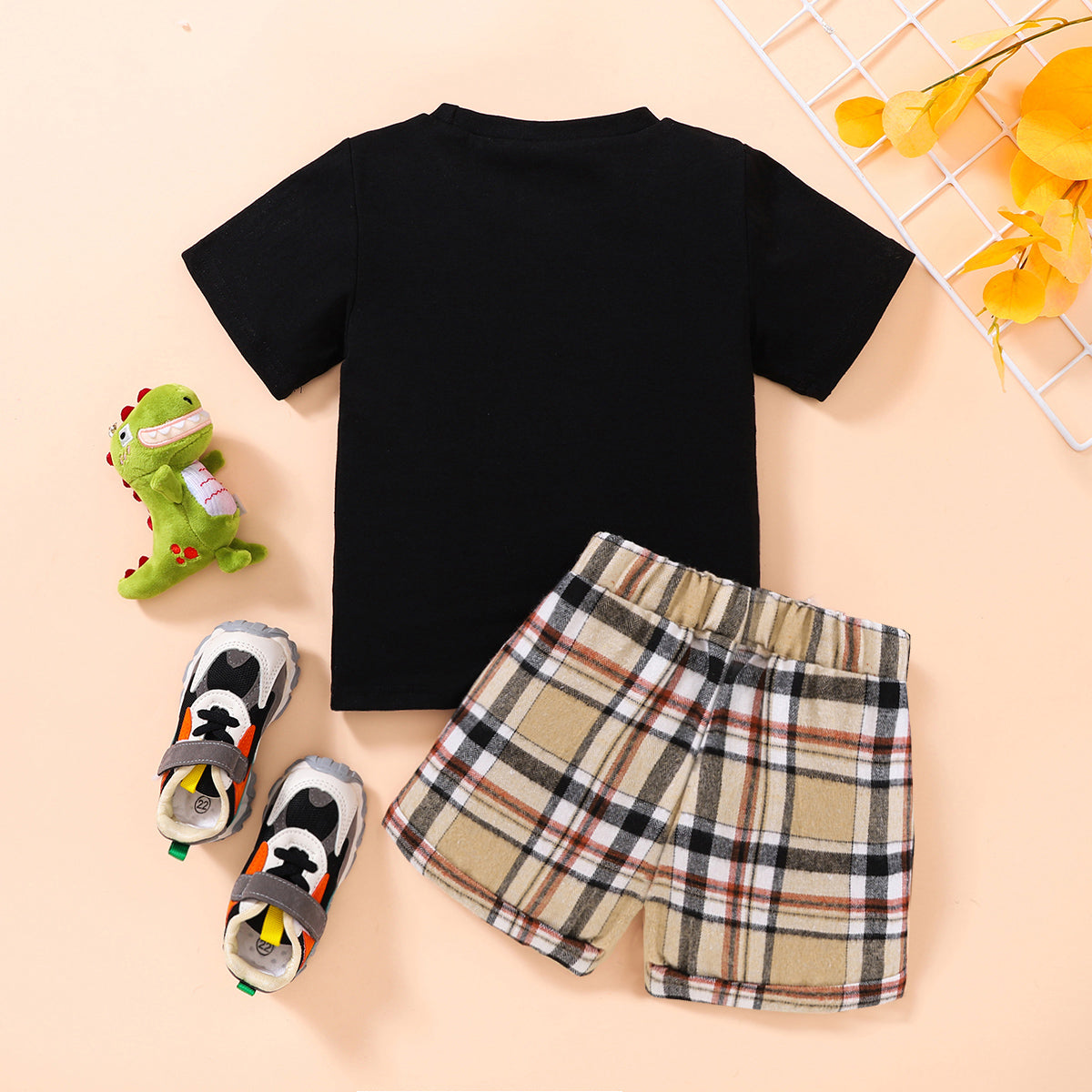 Kids Dinosaur Graphic Tee and Plaid Shorts Set - nailedmoms
