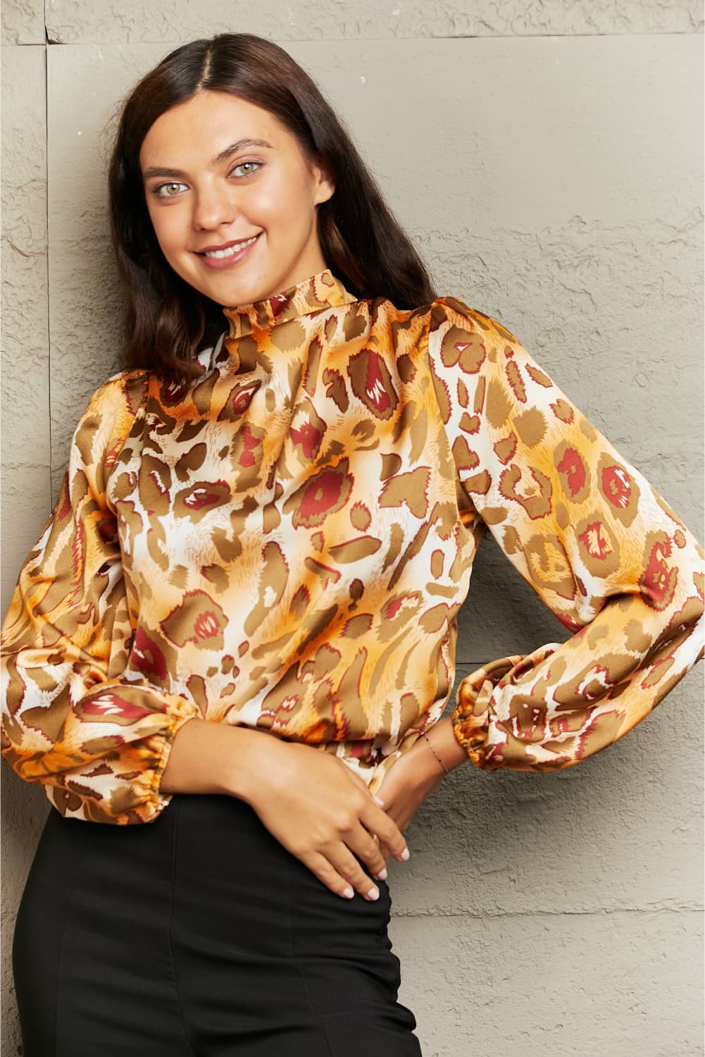 Printed Mock Neck Long Sleeve Blouse - nailedmoms