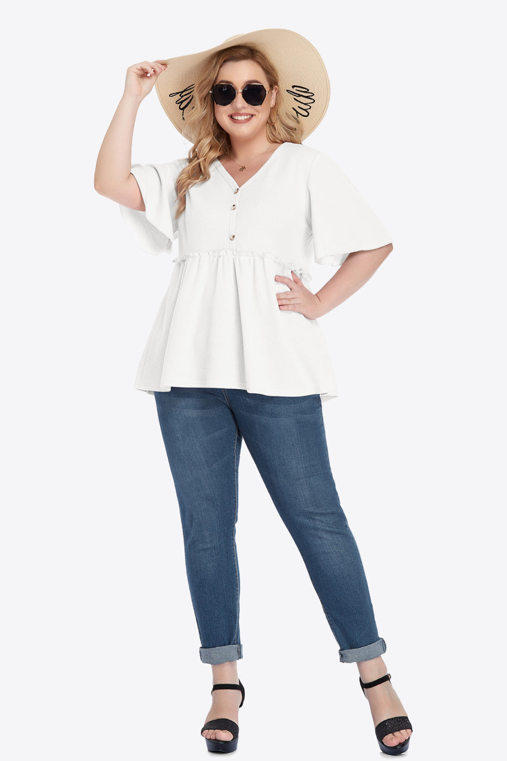 Plus Size Buttoned V-Neck Frill Trim Babydoll Blouse - nailedmoms