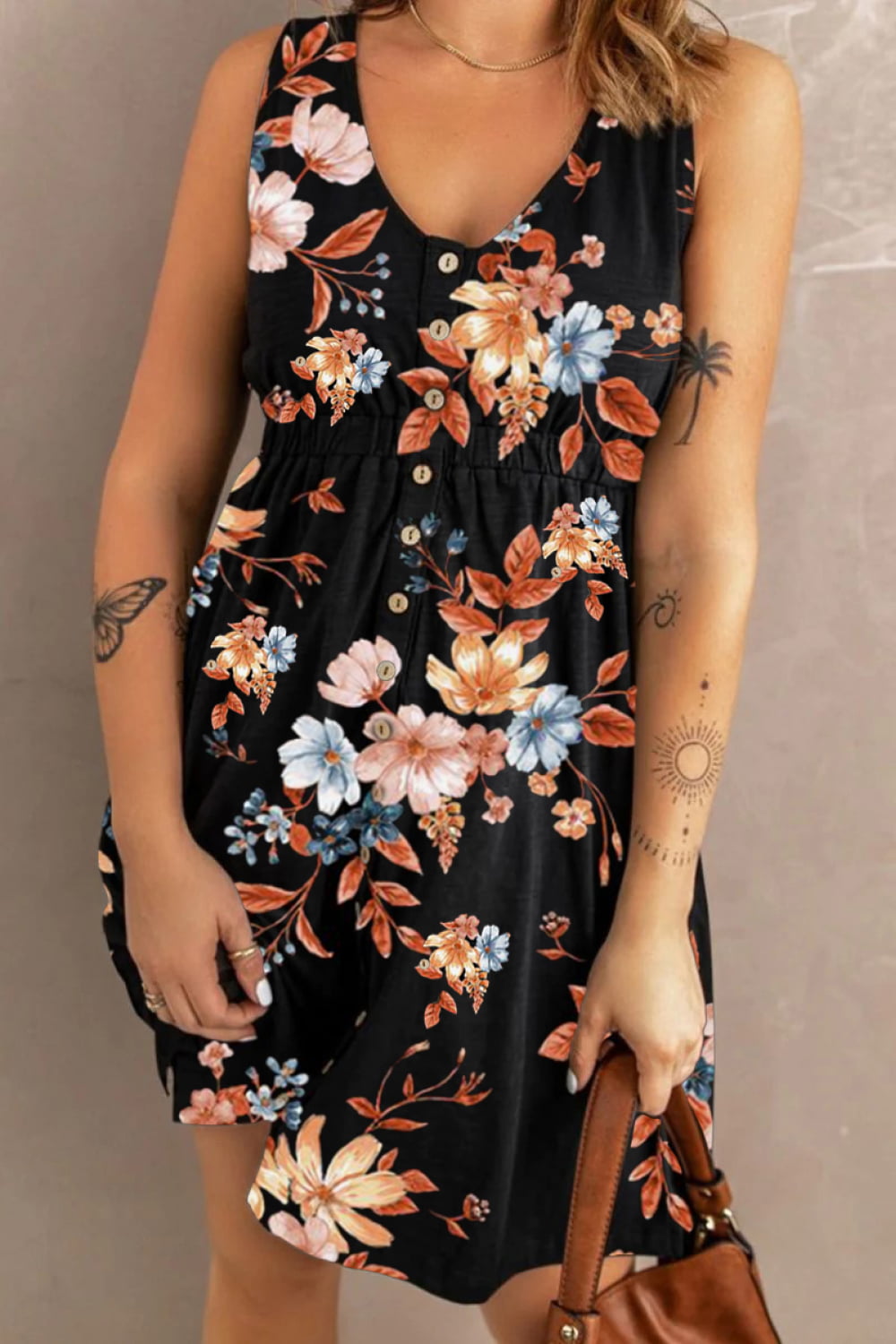 Double Take Printed Scoop Neck Sleeveless Buttoned Magic Dress with Pockets - nailedmoms
