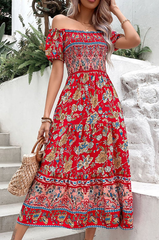 Floral Off-Shoulder Smocked Midi Dress - nailedmoms