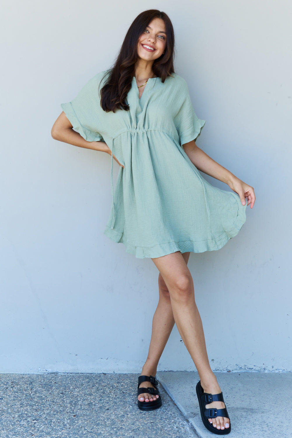 Ninexis Out Of Time Full Size Ruffle Hem Dress with Drawstring Waistband in Light Sage - nailedmoms