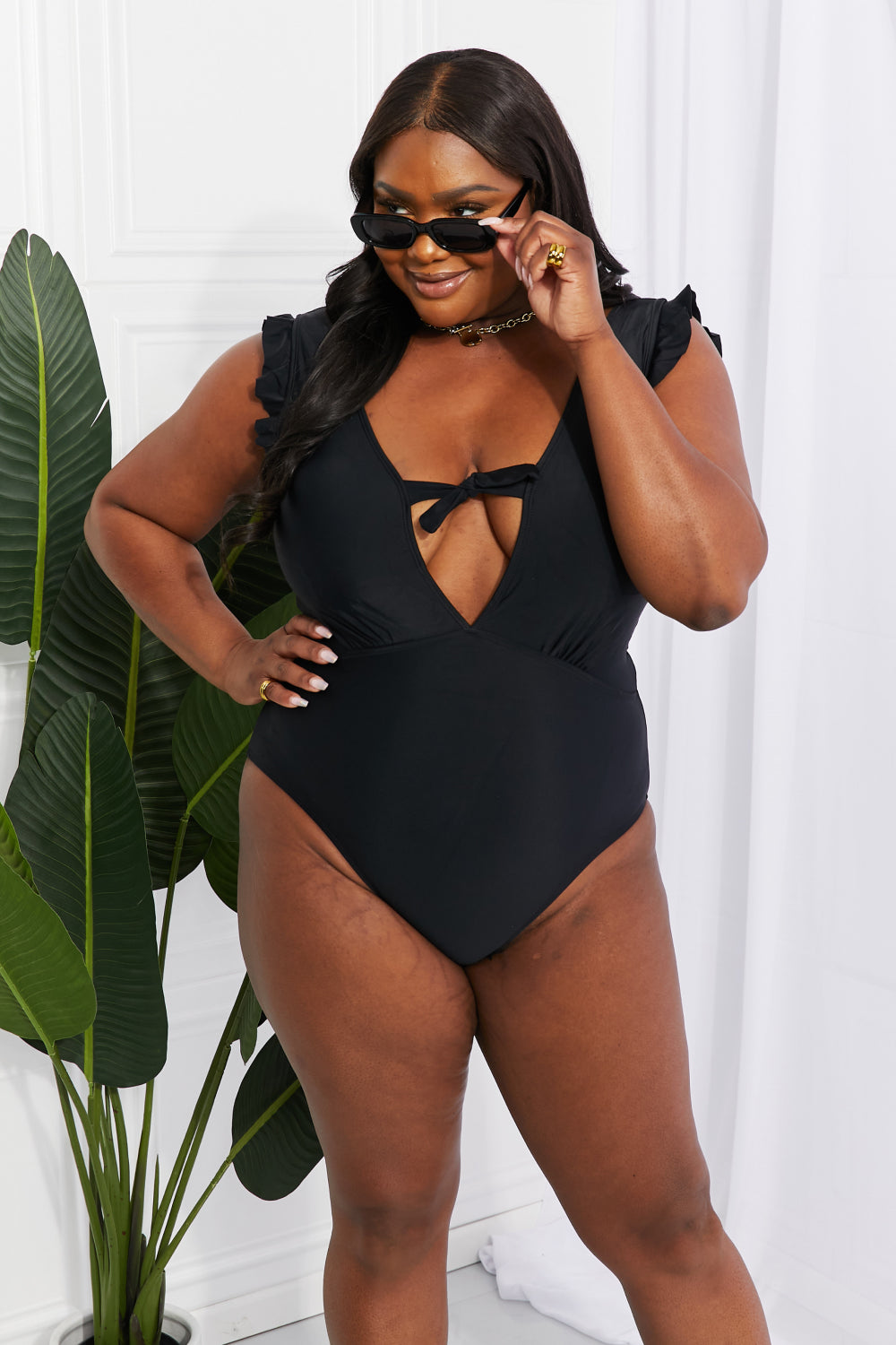 Marina West Swim Seashell Ruffle Sleeve One-Piece in Black - nailedmoms