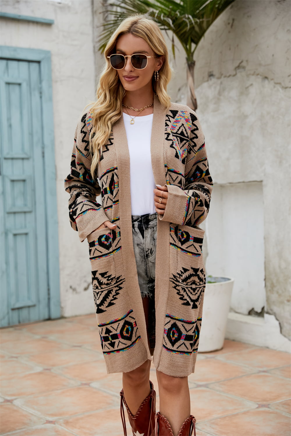 Printed Long Sleeve Cardigan with Pocket - nailedmoms