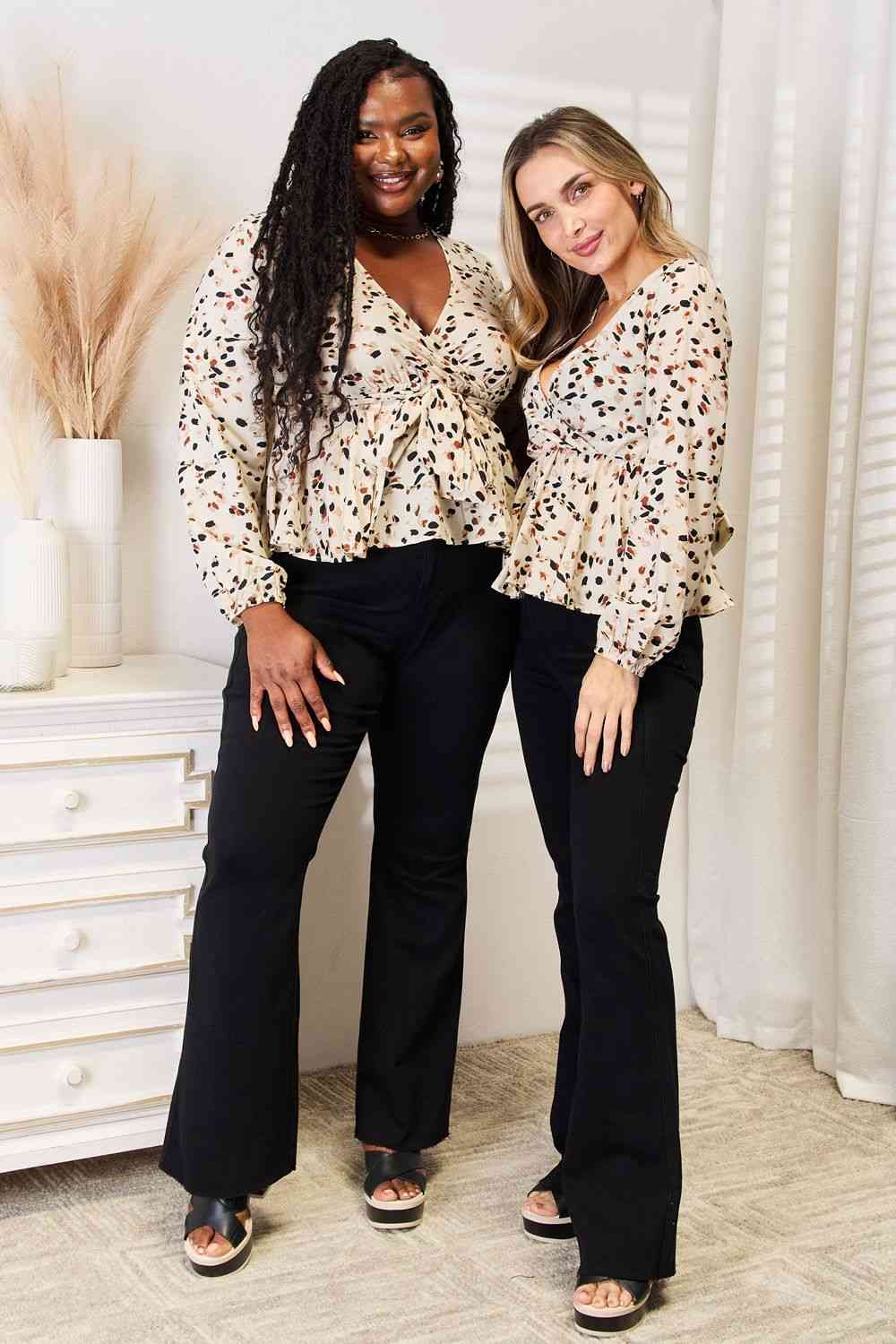 Double Take Printed Tied Plunge Peplum Blouse - nailedmoms
