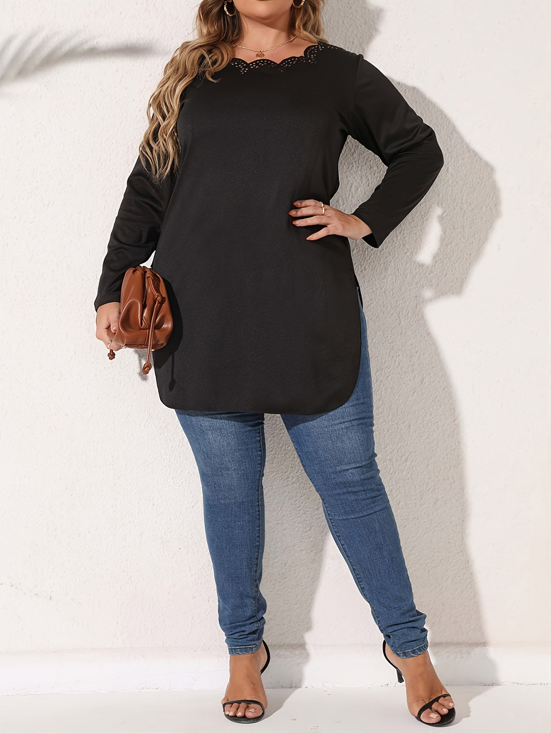 Plus Size Slit Long Sleeve T-Shirt - nailedmoms