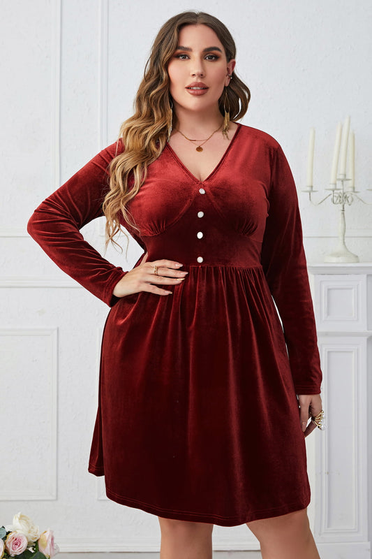 Melo Apparel Plus Size V-Neck Decorative Button Knee Length Dress - nailedmoms