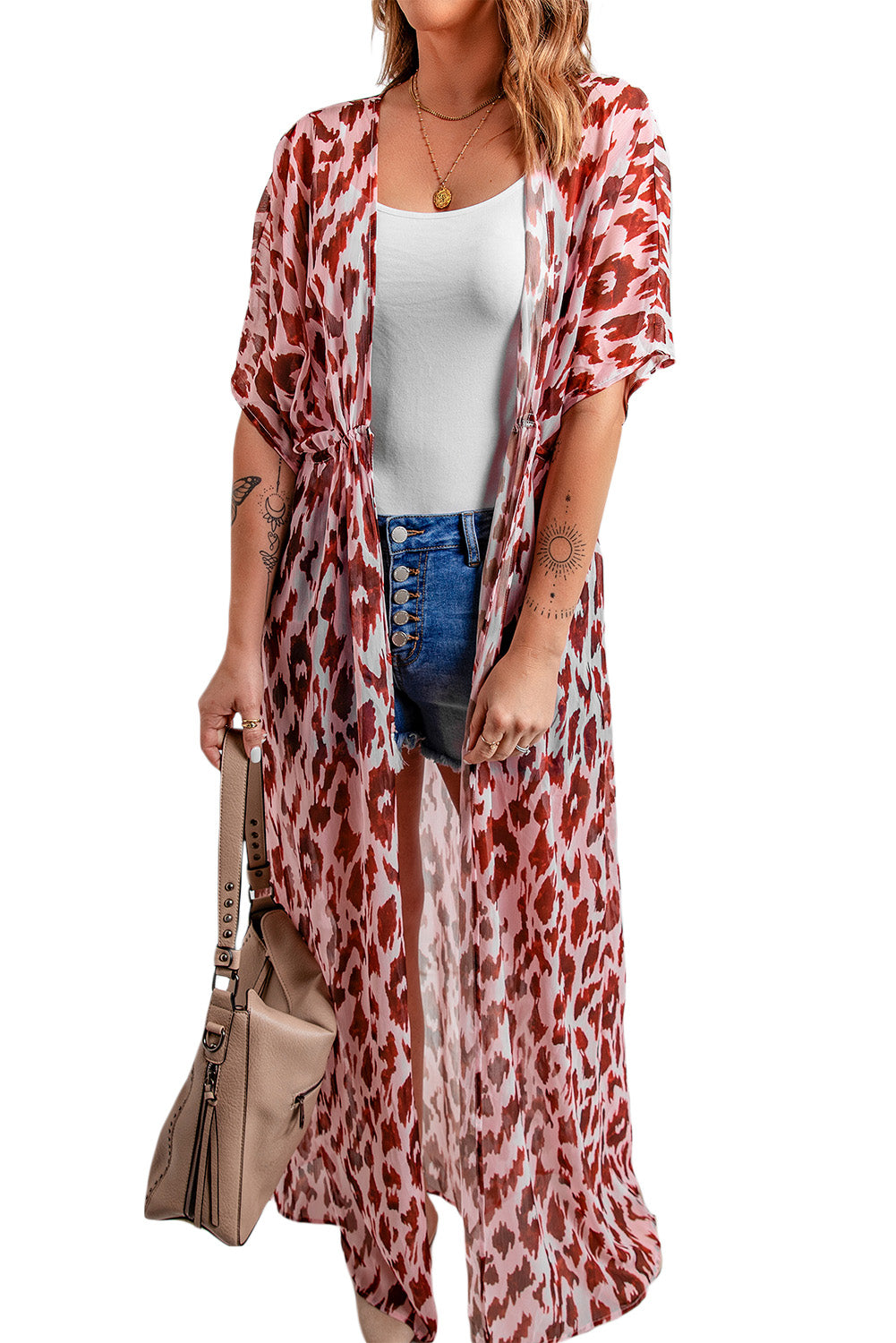 Animal Print Half Sleeve Duster Cardigan - nailedmoms