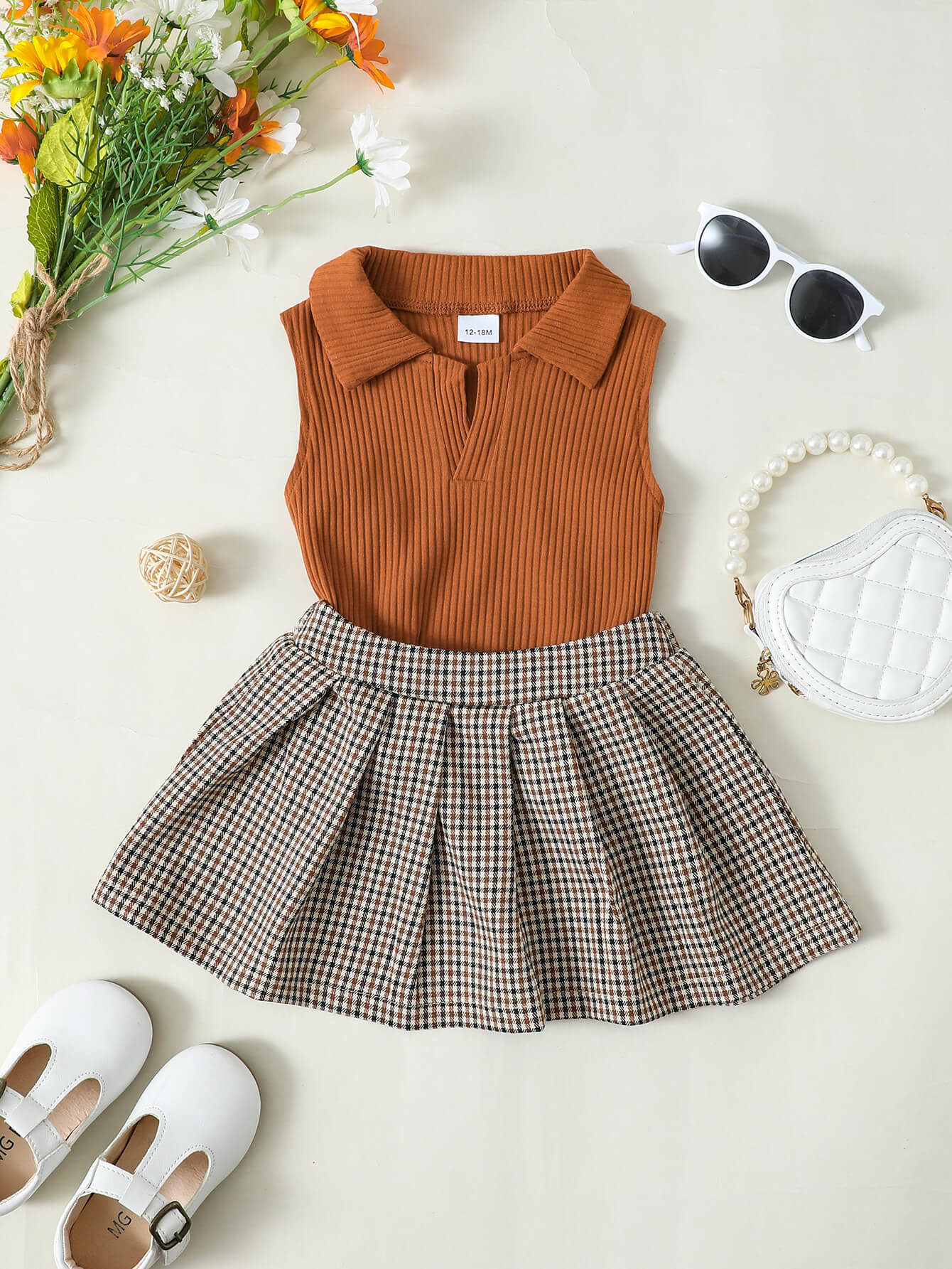 Girls Ribbed Sleeveless Top and Plaid Skirt Set - nailedmoms