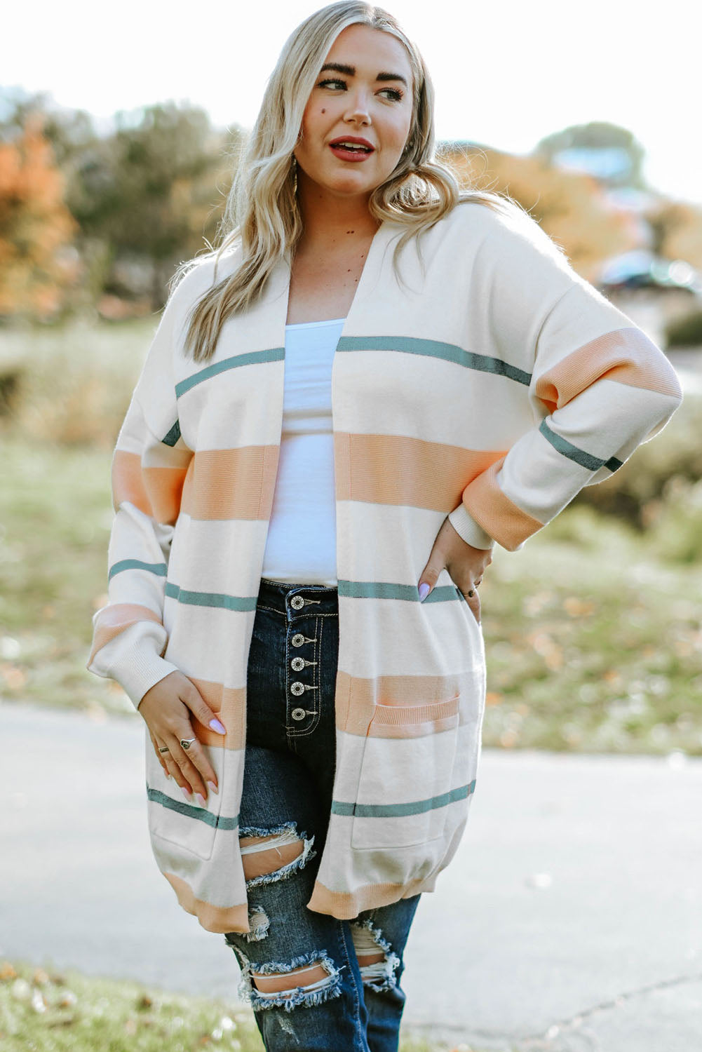 Plus Size Striped Open Front Cardigan - nailedmoms