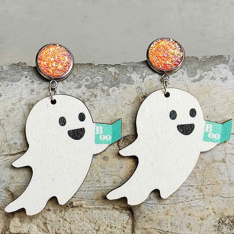 Ghost Shape Wooden Dangle Earrings - nailedmoms