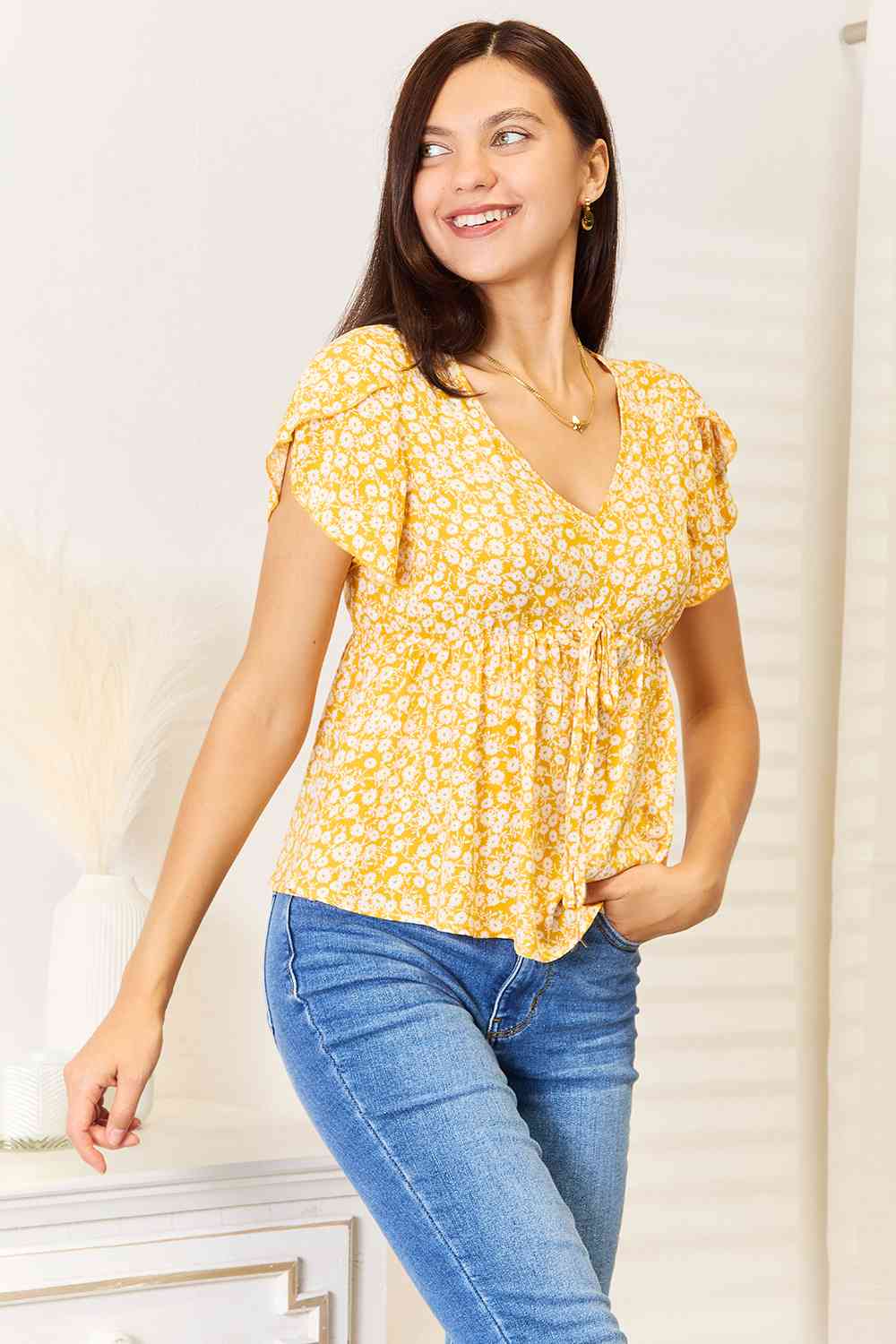 Double Take Floral Petal Sleeve Babydoll Top - nailedmoms