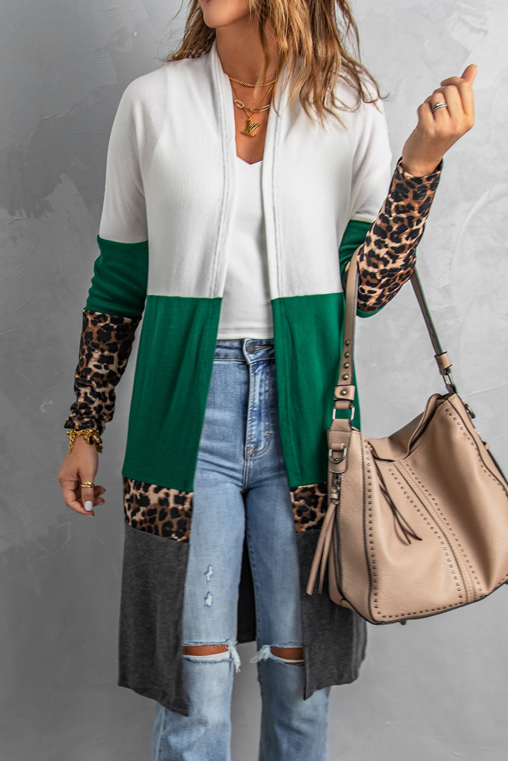 Leopard Color Block Open Front Longline Cardigan - nailedmoms