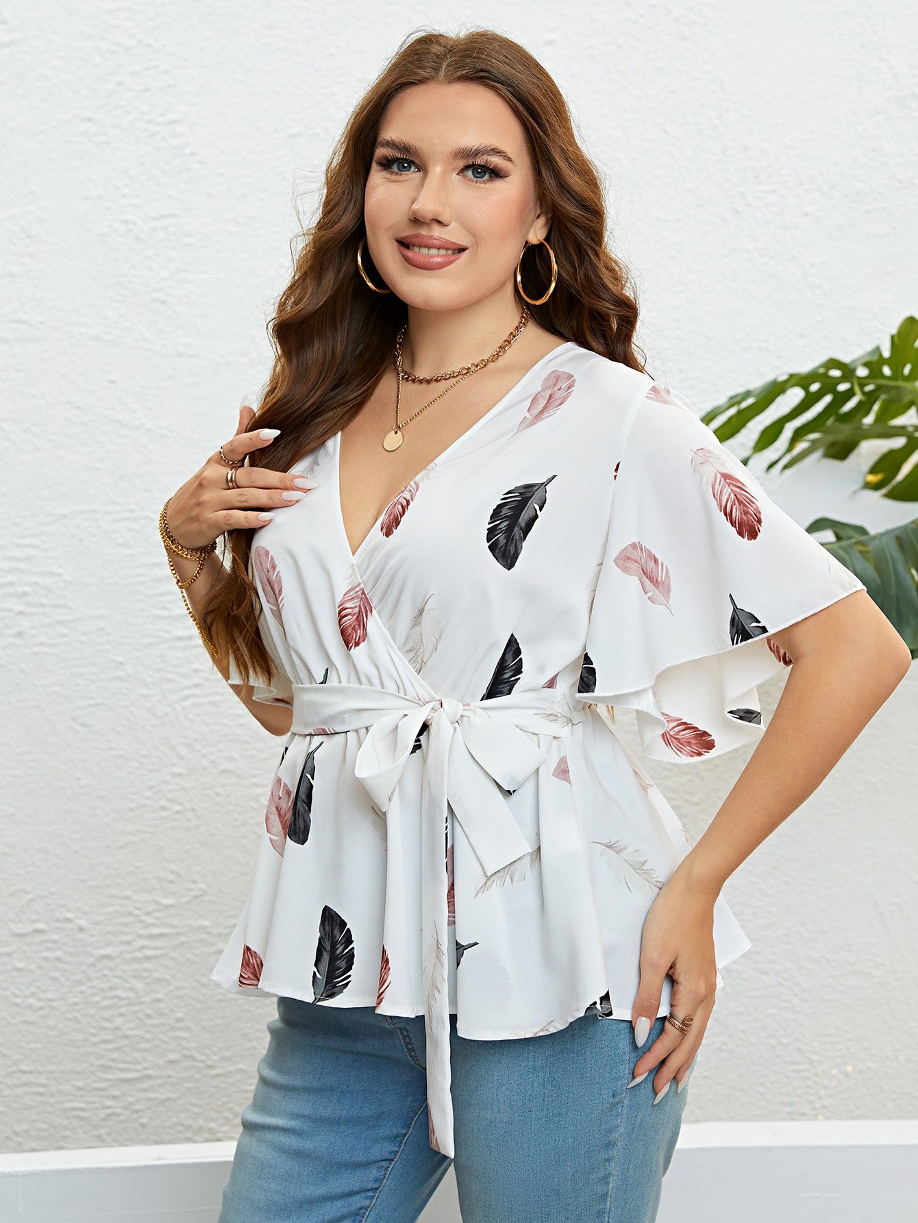 Feather Print Tied Flutter Sleeve Blouse - nailedmoms