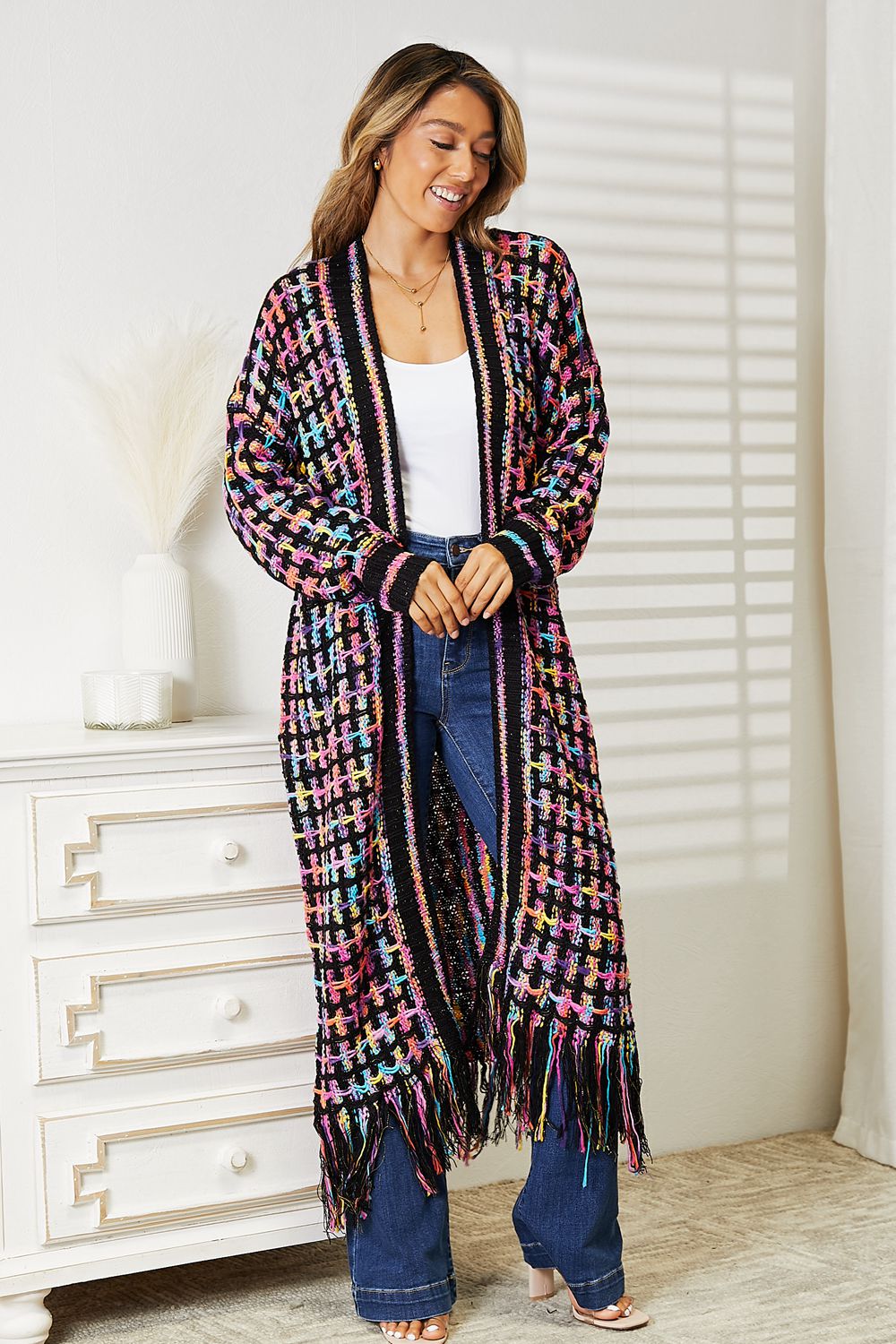 Double Take Full Size Multicolored Open Front Fringe Hem Cardigan - nailedmoms