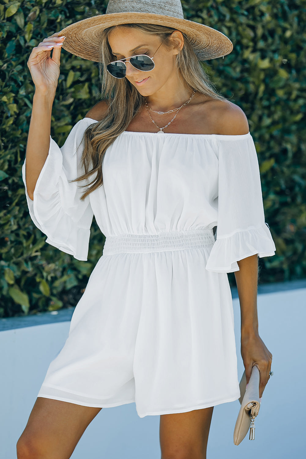 Off-Shoulder Smocked Waist Flounce Sleeve Romper - nailedmoms