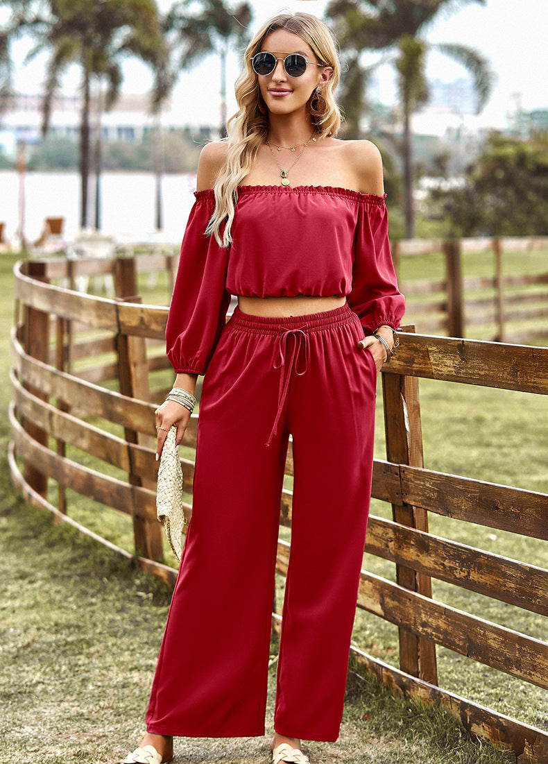 Off-Shoulder Blouse and Drawstring Waist Pants Set - nailedmoms