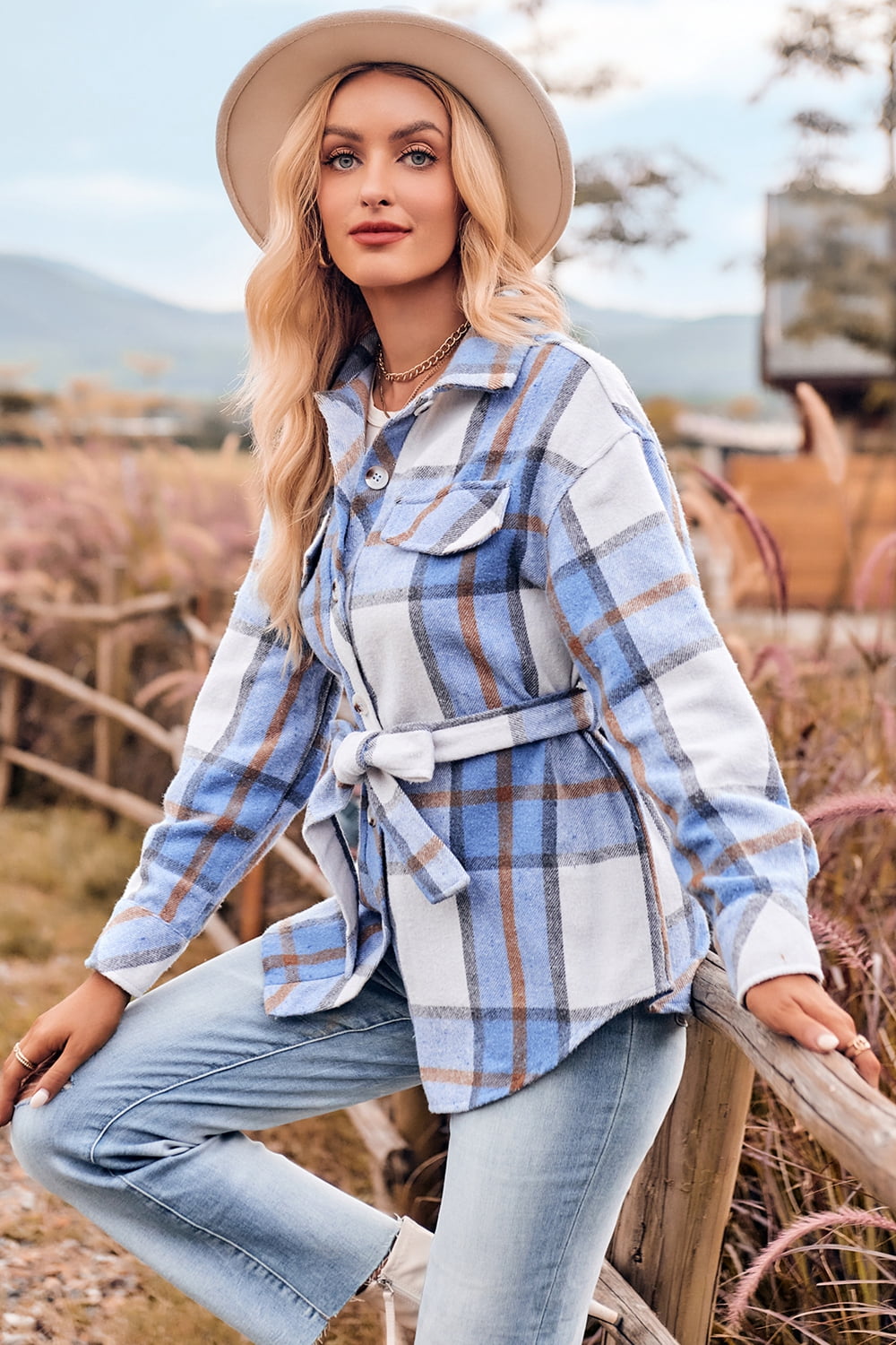 Plaid Collared Neck Bow Front Long Sleeve Jacket - nailedmoms