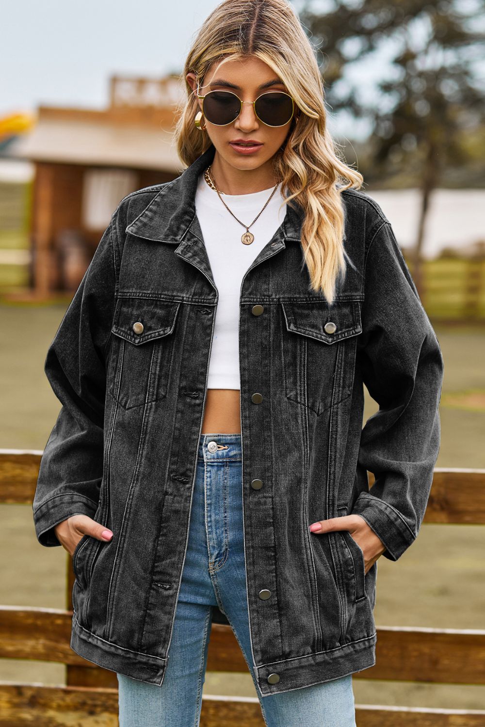 Buttoned Collared Neck Denim Jacket with Pockets - nailedmoms