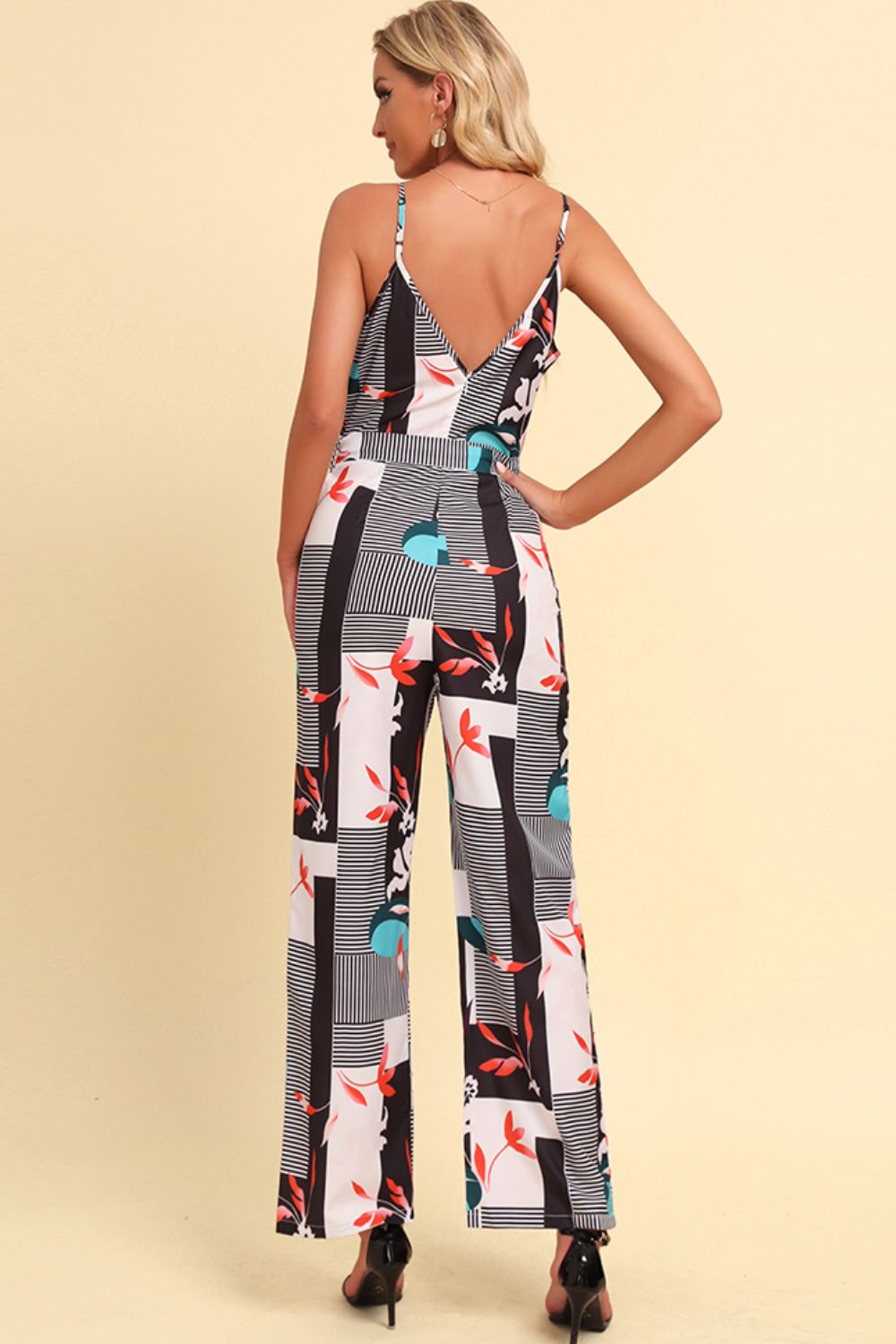 Printed Spaghetti Strap Tied Jumpsuit - nailedmoms